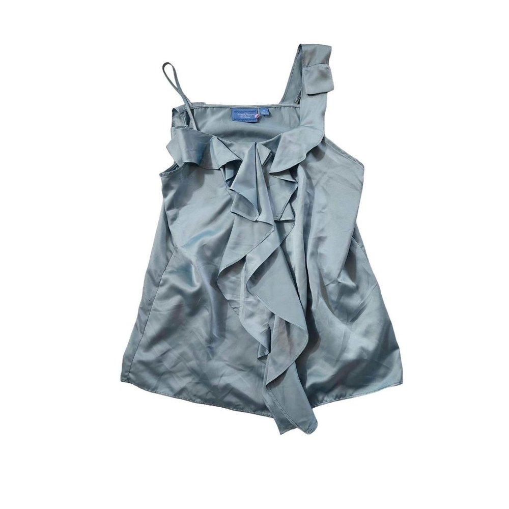 Simply Vera Silk Sleeveless Elegant Ruffles Stone Blue Tank Top Blouse Medium